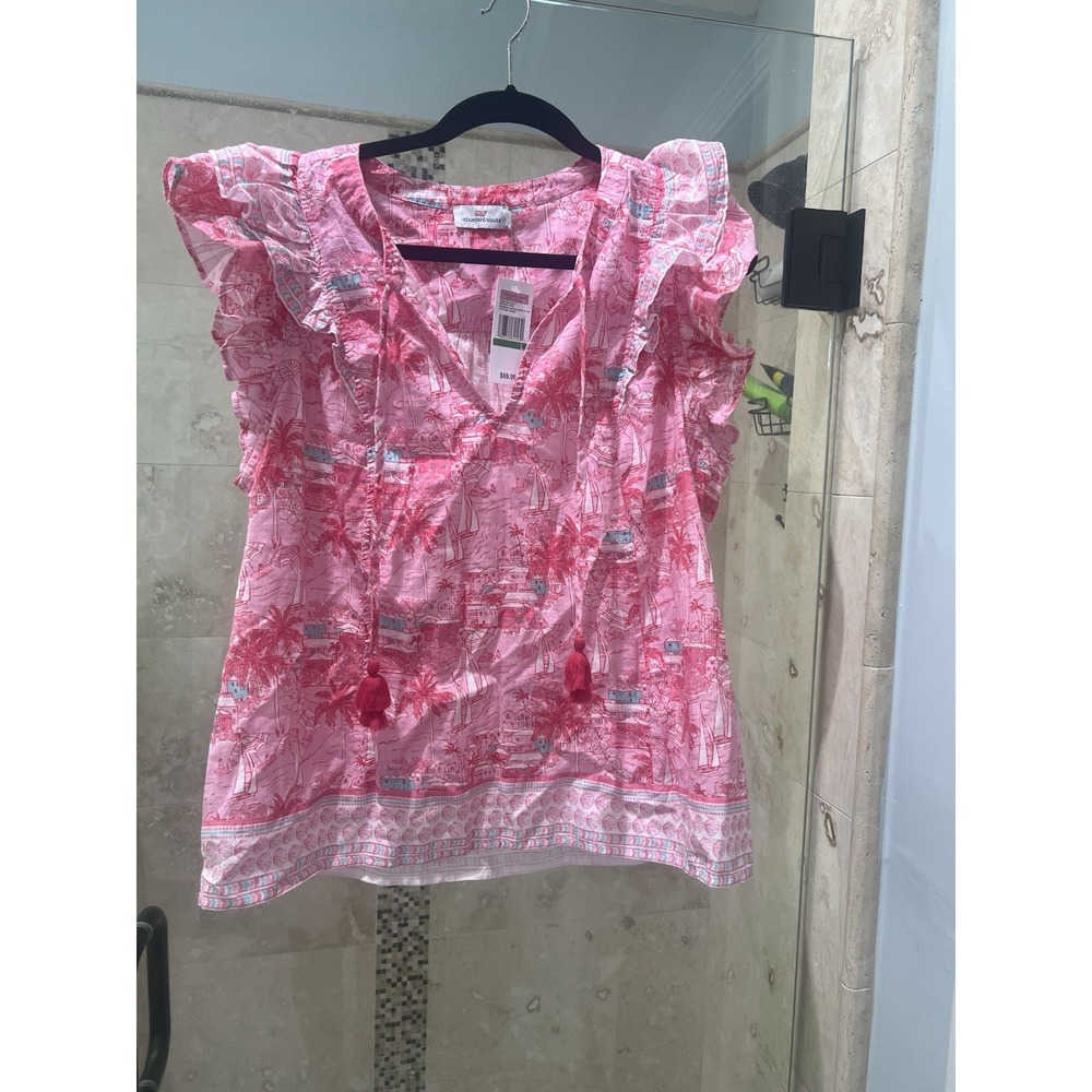 Vineyard Vines Pink Bermuda Scenic Ruffle Top Floral Boho Coastal Large NEW
